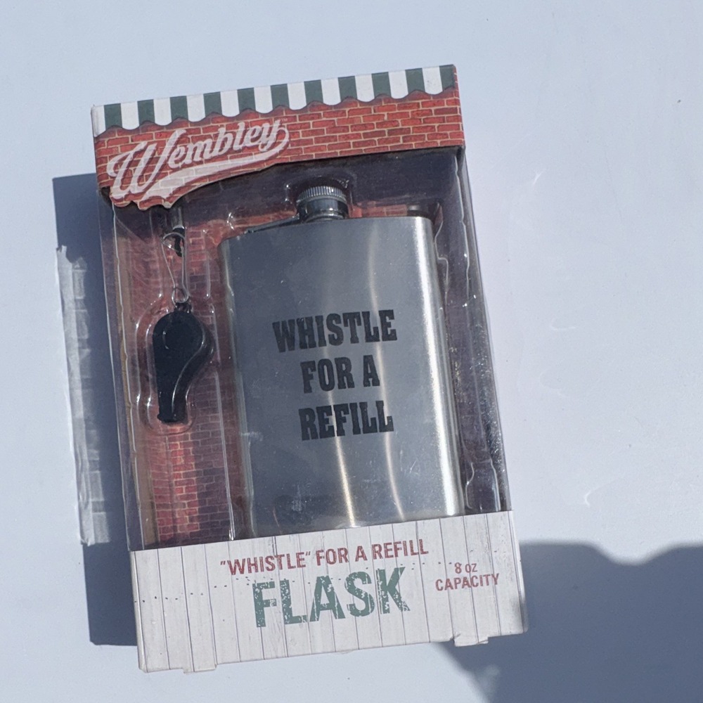 Wembley "Whistle for a Refill" 8 oz Metal Pocket Flask w/ Whistle, Silver/Black